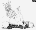 Fruits variés: ananas, banane, melon, pomme, poire, citron, raisins, cerises, fraises, pêche et framboises