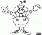 Puzzle de clown avec le plein de costumes, un chapeau avec fleur, perruque, gants, cravate, pantalon gros et gros souliers