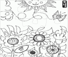 Puzzle de fleurs dans le domaine avec le vol d'un papillon et le soleil sur le sommet