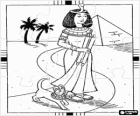 Puzzle d'Égypte antique -Près d'une pyramide et unes palmes Cléopâtre se promener avec son chat, ce qui représente la déesse Bastet, avec leurs coiffures en forme de serpent ou asp