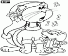 Chat et souris avec des vêtements de Noël en chantant chants de Noël