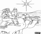 Les Rois Mages arrivent avec leurs chameaux à Bethléem, après avoir suivi l'étoile de Noël