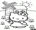 Hello Kitty prend coquelicots en flânant moulin un passé dans le domaine