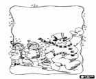 Bonhomme de neige marchant suivies par les enfants