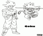 Goku enfant et Goku adulte, un être humain avec une queue de singe