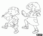 Caillou et son ami Sara jouant à faire de la musique avec des pots