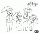 Les quatre Teletubbies avec leurs parapluies ouverts