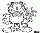 Garfield élégant avec des cadeaux du Saint-Valentin, un bouquet de fleurs et un grand coeur