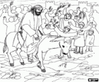 Jésus de Nazareth, sur le dos d'un âne et accueillis par la foule à l'entrée à Jérusalem