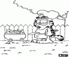 Garfield à préparer un barbecue dans le jardin