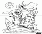 Garfield et ses amis Odie et Pooky vêtus comme des pirates dans un petit bateau