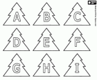 Alphabet de Noël, lettres majuscules A à I dans un arbre de Noël