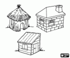 Ce sont les trois maisons des trois petits cochons, la maison de paille, la maison de bois et maison de briques