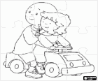 Puzzle de Caillou monté sur une petite voiture jouet avec sa sœur Mousseline