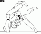 Praticiens de judo ou judokas à l'exécution d'un mouvement de judo sur le tatami