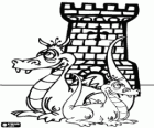 Dragons en face d'une tour fortifiée ou château
