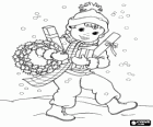 Enfant avec une couronne de Noël et des cadeaux de marche sous les flocons