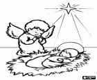 Petit Jésus, Enfant Jésus dans la crèche avec un ange et à la lumière de l'étoile de Noël