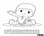 Pocoyo assis sur le sol et faire un dessin sur une feuille de papier