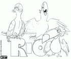Logo de le film Rio avec trois de ses protagonistes: les aras Blu, Jewel et le tucan Rafael