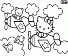 Hello Kitty et ours en peluche sur ses avions volant entre les nuages et les oiseaux