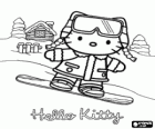 Hello Kitty bas de la montagne enneigée avec sa planche de surf
