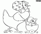 La poule avec le poussin dans une poussette
