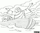 Calmer la tempête, l'un des miracles de Jésus dans les Evangiles. Jésus et son disciple dans une traversée en bateau de la mer de Galilée
