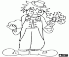 Triste et honteux clown avec un coeur et un bouquet de fleurs dans leurs mains