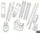 Ustensiles de l'école, des fournitures scolaires: colle, crayons, plume, pinceau, tire-ligne et encre, gomme, taille-crayons, ruban adhésif