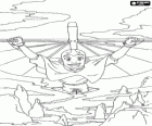 Aang survolant les montagnes avec l'aide d'une sorte de deltaplane
