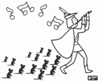 Le Joueur de flûte de Hamelin avec les rats qui le suivent à la musique de La Flûte enchantée