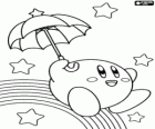 Kirby avec un parapluie volant parmi les étoiles et le arc-en-ciel
