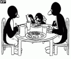 Pingu avec ses parents à la table à manger