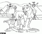Le cheval Spirit et le jeune homme indien Little Creek dans le village Lakota