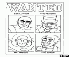 Les méchants des Super amis sur une affiche wanted : Lex Luthor, le Pingouin, Mr. Freeze et le Joker