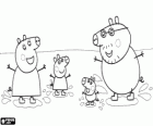 La famille Cochon jouant avec les flaques d'eau. Peppa Pig