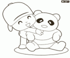 Pocoyo serrant dans ses bras un petit ours panda