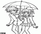 Luchia, Lucie et Kaito sous un parapluie. Mermaid Melody