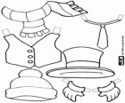 Vêtements pour habiller le bonhomme de neige: chapeau et bonnet, écharpe et cravate, gants, veste