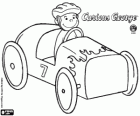 Georges le petit curieux dans une voiture de course