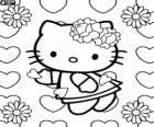 Hello Kitty parmi les fleurs et coeurs