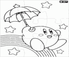 Puzzle de Kirby avec un parapluie volant parmi les étoiles et le arc-en-ciel
