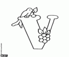 Lettre V avec un petit oiseau et une grappe de fruits