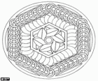 Mandala circulaire avec hexagones formées par des anneaux et des feuilles