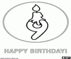 Joyeux Anniversaire! Aujourd'hui vous célébrez neuf ans. Un neuf avec une bougie allumée dans le gâteau