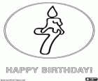 Sept ans. Félicitations ! Sept bougies sur l'anniversaire de gâteau ou un chiffre sept avec une bougie