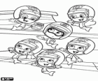 Les six Bubble Guppies avec leurs casques à prendre part à la Crayon Prix