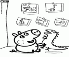 Le petit frère de Peppa, George avec son dinosaure de jouet dans la chambre à coucher