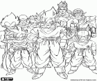 Un groupe de personnages de Dragon Ball, dont Son Goku, Son Gohan, Krilin et Vegeta